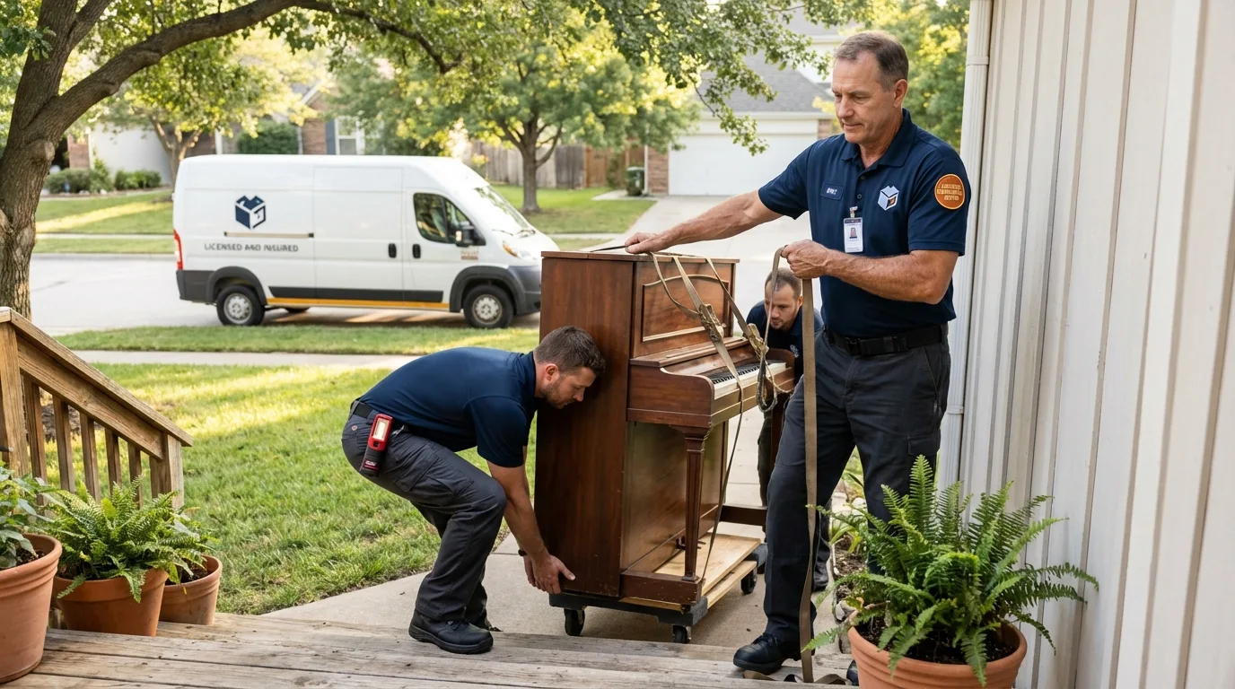 Licensed piano movers securing grand piano in Blue Bell, PA