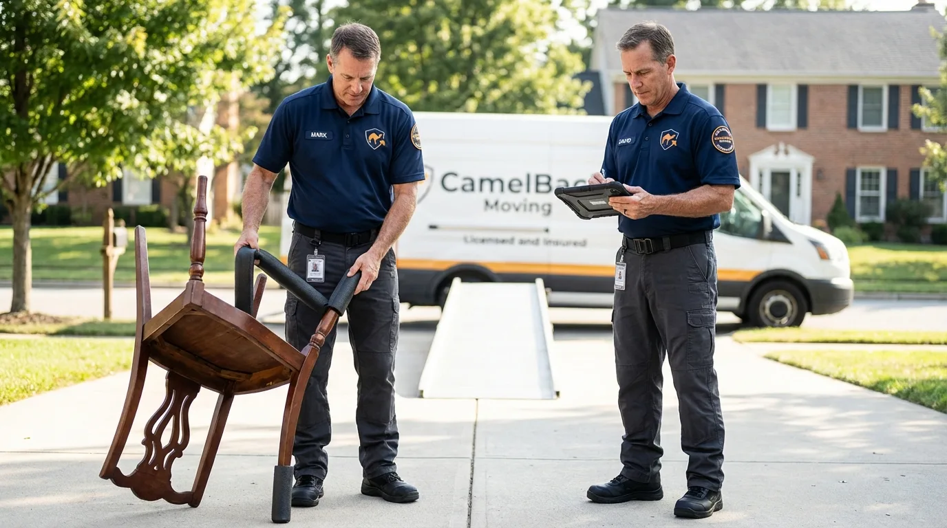 Movers inspecting furniture for damage prevention before loading in Blue Bell, PA